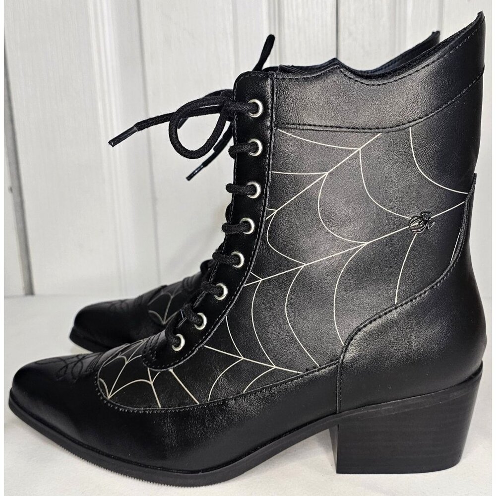 Black Victorian 8-Eye Spiderweb Pointed Anarchic Heel Boots Witch Spider Booties - Picture 4 of 11